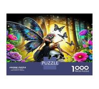 Puzzle de 1000 pièces en Carton 100% recyclé représentant Une fée et Un crâne dans des Fleurs. Illustration Unique de 38 x 26 cm. Motif : Rose.