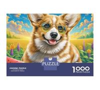 Puzzle de 1000 pièces en Carton épais et Lisse représentant Un Welsh Corgi,avec Un Motif de pastèque et de Fleurs.Adultes et Peut être encadré. Activité familialee de Pluie. Dimensions : 38 x 26 cm.