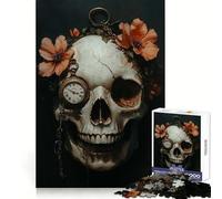 Puzzle de 1000 pièces en Forme de crâne avec Fleurs et Montre de Poche Cadeau pour Adultes Jeu de réflexion et de logique Design Silencieux et Amusant Assemblage Cadeau raffiné 50x75cm