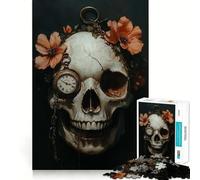 Puzzle de 1000 pièces en Forme de crâne avec Fleurs et Montre de Poche Cadeau pour Adultes Jeu de réflexion et de logique Design Silencieux et Amusant Assemblage Cadeau raffiné 50x75cm