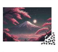 Puzzle de 1000 pièces en Papier recyclé « Montagne et Lune en Fleurs de Cerisier » Le Mont Fuji la Nuit avec des cerisiers en Fleurs pour Adultes de 14 à 99 Ans Décoration et Cadeau 52 x 38 cm