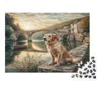 Puzzle de 1000 pièces en Papier recyclé représentant Un Adorable Golden Retriever au Bord d'un lac. Niveau de difficulté : Impossible, Difficile, Un Vrai défi ! Dimensions : 52 x 38 cm.
