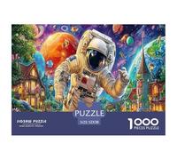 Puzzle de 1000 pièces en papier recyclé représentant un F-16 survolant un village coloré - Astronaute dans un décor vibrant - Activité familiale idéale pour décorer les murs - 52 x 38 cm / 1000 pièces