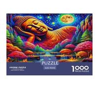 Puzzle de 1000 pièces en Papier recyclé représentant Une Statue de Bouddha couché dans Une forêt Lunaire. Un Jeu psychédélique et Stimulant, idéal pour décorer Un Mur. Dimensions : 70 x 50 cm.