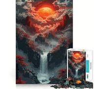 Puzzle de 1000 pièces en pixel art représentant un paysage de cascade avec une lune rouge pour les adolescents ce jeu de logique et de réflexion offre un divertissement relaxant et des découpes Cadeau