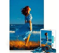 Puzzle de 1000 pièces Femme en Robe Bleue au Bord de la mer,Jeu de réflexion Amusant,sans Espace,Design ajusté, pour Les réunions de Famille (50x75cm)