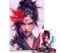 Puzzle de 1000 pièces Femme samouraï à la Fleur Rouge pour Adolescents, Jeu de logique, Simple et Amusant, Bords Lisses, Cadeau élégant (38x26cm)