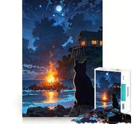 Puzzle de 1000 pièces Feu de Joie Nocturne sur la Plage avec Chat Noir pour Adolescents, idéal pour renforcer la mémoire, soulager Le Stress et décorer Une œuvre d'art Murale aux Bords Nets (38x52cm)