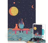 Puzzle de 1000 pièces Fille contemplant Les étoiles avec Un Chat pour Adolescents, idéal pour renforcer la mémoire, déstresser et Offrir Un Cadeau de Noël aux Bords Lisses 38x26cm