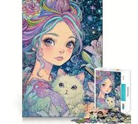 Puzzle de 1000 pièces Fille d'anime avec Chat et Fleurs Jeu créatif et d'habileté Emboîtement Parfait Pas de pièces détachées Activité de Partage et de complicité avec Les Proches (38x52cm)