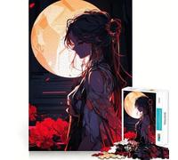 Puzzle de 1000 pièces Fille d'anime avec des Fleurs Rouges Découpe Parfaite Activité ludique et Intelligente Idéal pour Un Moment de détente et de créativité Pendant Un Anniversaire (38x26cm)