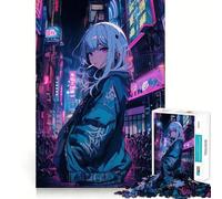 Puzzle de 1000 pièces Fille d'anime dans Une Ville néon pour Adolescents activité de Groupe relaxante et Amusante en intérieur,idéale pour développer la mémoire et créer des Liens Nets et précis
