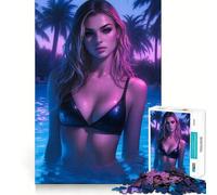 Puzzle de 1000 pièces Fille Sexy à la Piscine avec néon, idéal pour Les Adolescents, pour améliorer Leur mémoire et Leurs Loisirs Découpe Solide Cadeau de Noël idéal 38x52cm