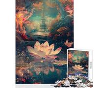 Puzzle de 1000 pièces Fleur de Lotus et pagode au Loin Jeu à Monter soi-même Cadeau pour Femmes et Hommes Jeu éducatif Renforce l'amour au Sein du Couple Dimensions 38x52cm