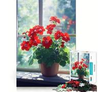 Puzzle de 1000 pièces Fleurs de géranium Rouge près de la fenêtre pour Adultes, Jeu de réflexion, Divertissement paisible, pièce de Collection aux découpes soignées (50x75cm)