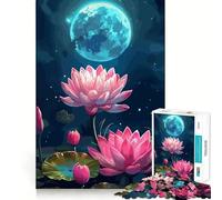 Puzzle de 1000 pièces Fleurs de Lotus Roses sous Une Lune Bleue pour Adolescents, Jeu de logique et de réflexion, détente mentale, découpe précise, Cadeau de Noël (38x52cm)