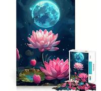 Puzzle de 1000 pièces Fleurs de Lotus Roses sous Une Lune Bleue pour Adolescents, Jeu de logique, Simple et Amusant, Bords Lisses, Cadeau élégant (38x26cm)