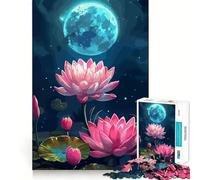 Puzzle de 1000 pièces Fleurs de Lotus Roses sous Une Lune Bleue pour Adolescents Jeu de réflexion et de Calme Qualité supérieure Cadeau de Noël (50x75cm)