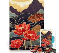 Puzzle de 1000 pièces Fleurs de Lotus Rouges et Montagne pour Adultes Jeu de réflexion Passe-Temps la Maison Bords Nets Joli Cadeau (38x26cm)