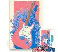 Puzzle de 1000 pièces Guitare Rose et Fleurs Bleues pour Adolescents Jeu de logique et de Sens Simple et Amusant Bords Lisses Cadeau élégant (38x26cm)