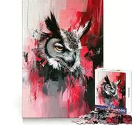 Puzzle de 1000 pièces Hibou Peint avec des Accents Rouges pour Adolescents Jeu de réflexion, Design paisible et Amusant, Cadeau Unique (38x52cm)