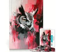 Puzzle de 1000 pièces Hibou Peint avec des Accents Rouges pour Adultes, Jeu de réflexion Stimulant, Loisirs, Cadeau Original et réussi (38x26cm)
