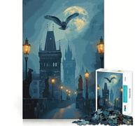 Puzzle de 1000 pièces Hibou sur Le Pont Charles à Prague la Nuit pour Adultes Développe la mémoire Loisirs Doux Découpe Ferme Idée Cadeau (50x75cm)