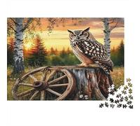 Puzzle de 1000 pièces : Hibou sur Une souche d'arbre, Hibou sur Une Roue de Chariot au Coucher du Soleil. Jeu éducatif pour Adultes, décoration intérieure, défi, 52 x 38 cm