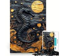 Puzzle de 1000 pièces Hippocampe Noir avec Accents dorés Découpe précise Jeu de réflexion Cadeau Facile à Jouer Idée Cadeau d'anniversaire Amusante (50x75cm)