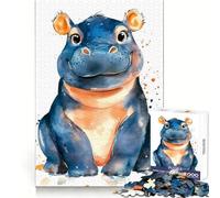 Puzzle de 1000 pièces Hippopotame Souriant à l'aquarelle Cadeau pour Adultes Détente intellectuelle Idée Cadeau Découpe Fine Surprise de Noël (38x26cm)