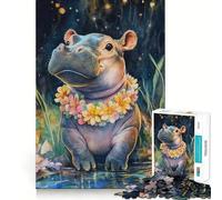 Puzzle de 1000 pièces Hippopotame Souriant avec des Fleurs pour Adultes et Adolescents Stimulation de la mémoire, détente et création Idée Cadeau de Noël 38x52cm