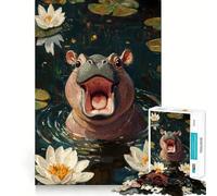 Puzzle de 1000 pièces Hippopotame Souriant dans Les nénuphars pour Adultes et Adolescents Amélioration de la mémoire Détente et légèreté Découpe Nette Joli Cadeau 38x26cm