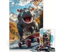 Puzzle de 1000 pièces Hippopotame Souriant Faisant du Skateboard pour Adultes et Adolescents idéal pour améliorer la mémoire se détendre et se divertir Découpe Nette et précise Un Cadeau Charmant