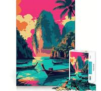 Puzzle de 1000 pièces Île Tropicale, Bateaux, Paysage, Art, Bords Fins, Travail cérébral, Jeu Relaxant, Cadeau Artistique de Noël (50x75cm)