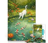 Puzzle de 1000 pièces illustrant Un Chat Blanc et Un Bassin de carpes koï Découpe Laser pour Un Assemblage Parfait et Un Moment de Partage idéal avec Vos Proches (38x26cm)