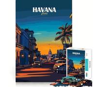Puzzle de 1000 pièces Illustration de la Ville de La Havane,Cuba Ajustement Parfait Jeu de Concentration et d'entraînement Amusant et Relaxant Cadeau de Noël et de Loisirs (38x26cm)