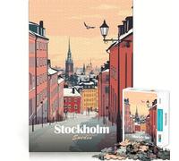 Puzzle de 1000 pièces Illustration de la Ville de Stockholm, Suède Ajustement Parfait Jeu Stimulant pour Le Cerveau Temps de Repos Décoration Murale de Noël (38x52cm)