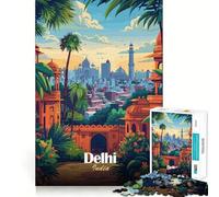 Puzzle de 1000 pièces Illustration de Paysage Urbain de Delhi,Inde Pièces aux découpes nettes Jeu Stimulant pour l'esprit Moment de Calme et de Divertissement Décoration de Noël (38x52cm)