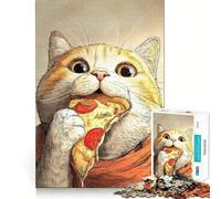 Puzzle de 1000 pièces Illustration d'un Chat Mangeant Une Part de Pizza Bords Nets Décoration Jeu de réflexion Amusant et Facile Idée Cadeau pour Noël (38x26cm)