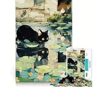 Puzzle de 1000 pièces Illustration d'un Chat Noir dans Un étang aux nénuphars Jeu de coopération précis,Stimulant la réflexion,idéal pour Les Moments de Calme,décoration de Noël (38x52cm)