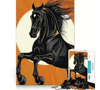 Puzzle de 1000 pièces,Illustration d'un Cheval Noir sur Fond Orange,Jeu d'assemblage précis,Jouet créatif et Amusant,Jeu de Paix,Cadeau de Noël apaisant (50x75cm)