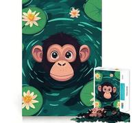 Puzzle de 1000 pièces Illustration d'un Singe dans Un étang aux nénuphars Bords Nets Décoration Amusante et Facile à décrypter Cadeau de Noël (50x75cm)