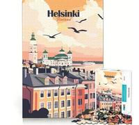 Puzzle de 1000 pièces Illustration d'une Affiche de Voyage d'Helsinki,Finlande Jeu sans Couture Activité intellectuelle et relaxante Cadeau d'anniversaire Amusant et Original (38x26cm)