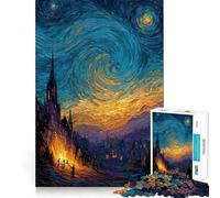 Puzzle de 1000 pièces inspiré d'un Tableau de Village sur Le thème de la Nuit étoilée, pour Adultes Jeu de réflexion apaisant, Bords précis, 50x75cm