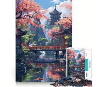 Puzzle de 1000 pièces Jardin Zen Asiatique Pixel Art sans Couture Jeu créatif Jouet Jeu Occasionnel Loisirs de Noël Art (38x52cm)