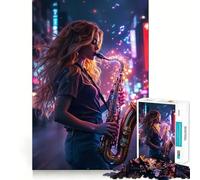Puzzle de 1000 pièces Joueuse de Saxophone dans Une Ville néon pour Adultes améliore la mémoire, soulage l’anxiété, décoration Murale aux Bords Nets (50x75cm)