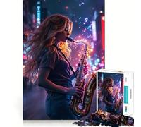 Puzzle de 1000 pièces Joyeuse de Saxophone dans Une Ville néon pour Adultes, Puzzle Relaxant et Facile à Assembler (38x52cm)