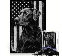 Puzzle de 1000 pièces Labrador Noir et Drapeau américain pour Adultes Découpe Lisse Idée Cadeau de Noël chaleureuse (38x52cm)