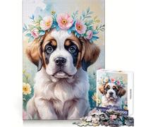Puzzle de 1000 pièces l'aquarelle représentant Un Chiot Saint-Bernard avec Une Couronne de Fleurs idéal pour Les Adolescents Développez Votre mémoire détendez-Vous et exposez Votre œuvre d'art