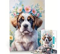 Puzzle de 1000 pièces l'aquarelle représentant Un Chiot Saint-Bernard avec Une Couronne de Fleurs idéal pour Les Adolescents Développez Votre mémoire détendez-Vous et exposez Votre œuvre d'art